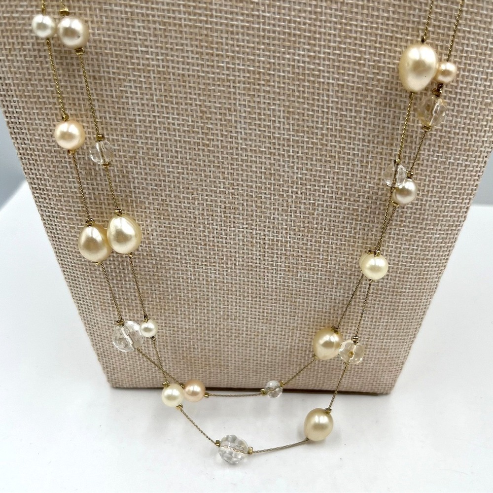 Vintage Pearl & Faceted Glass Bead Station Necklace Long Gold Tone Tin Cup Y2K